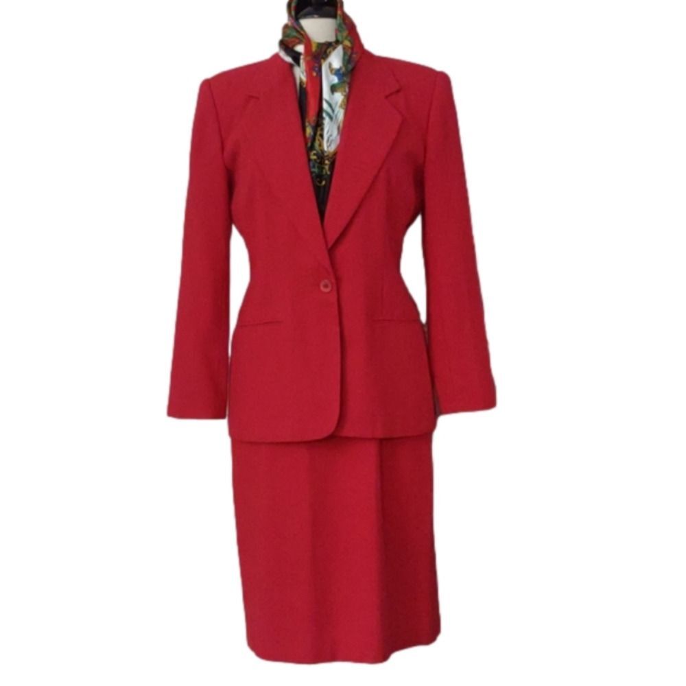 VTG 80s Joan Leslie Red 2 Pc Skirt Suit Set Tailored Blazer 8/10
